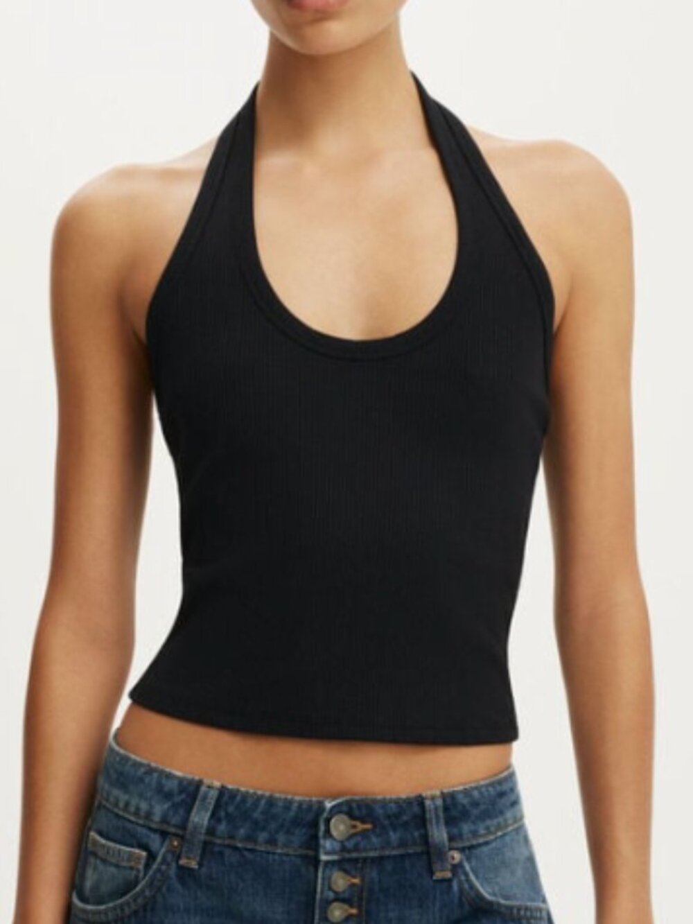 Cotton On‎ Women’s Size Medium/Large Rib Scoop Halter Top Black Stretch Cropped